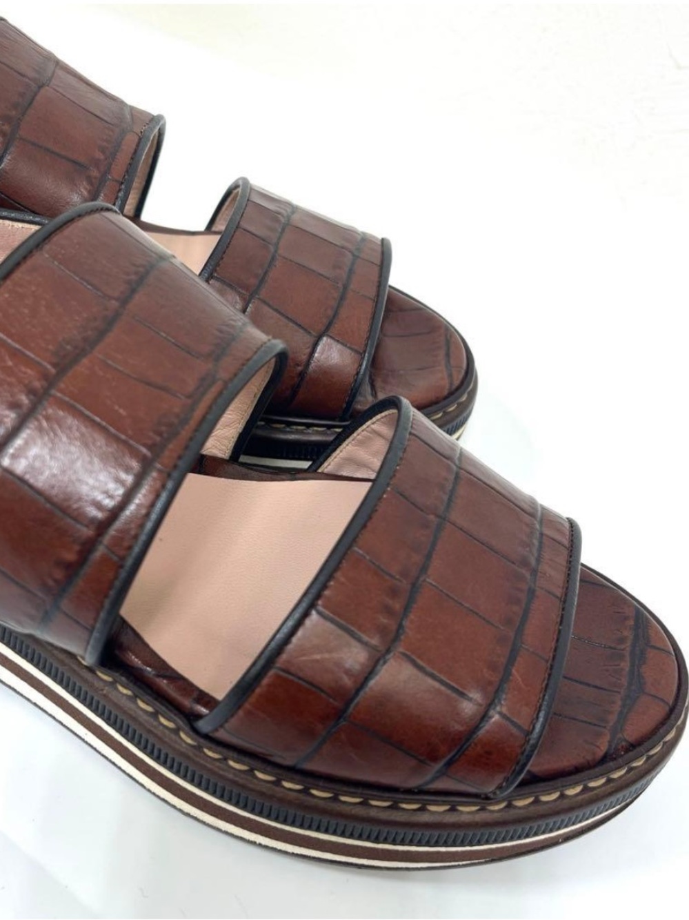 Max Mara Brown Croc-Embossed leather Platform Slide Sandals